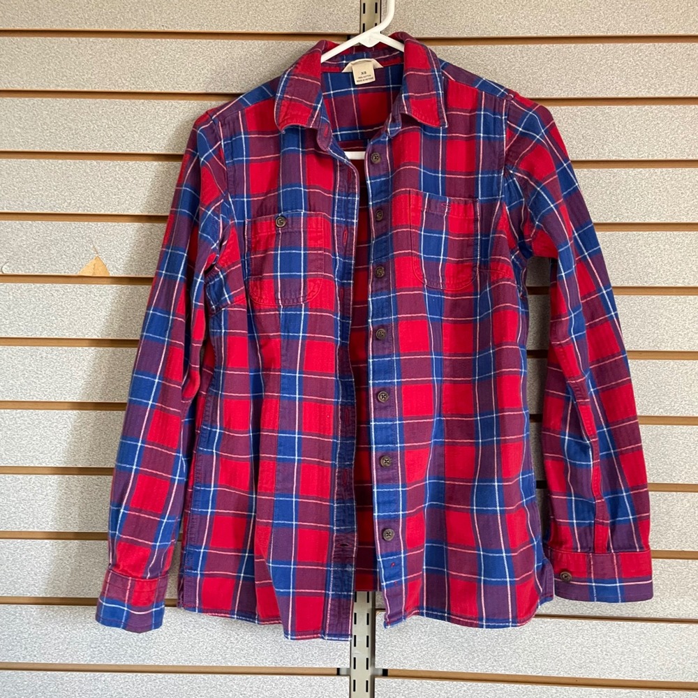 Duluth Trading Women's XS Red Blue Plaid Flannel Shirt 100% Cotton Long Sleeve
